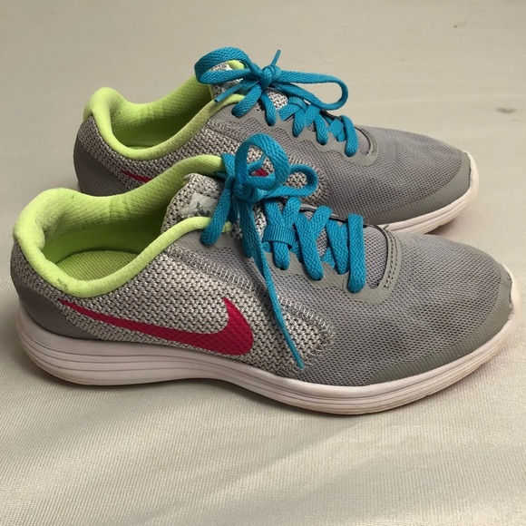 Nike Revolution 3 gray neon yellow blue running sneakers - Picture 6 of 8
